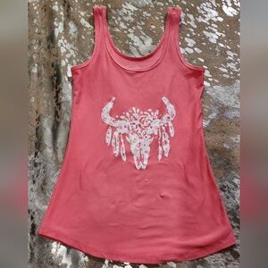No Boundaries Coral Tank Top with White Bull Skull Design